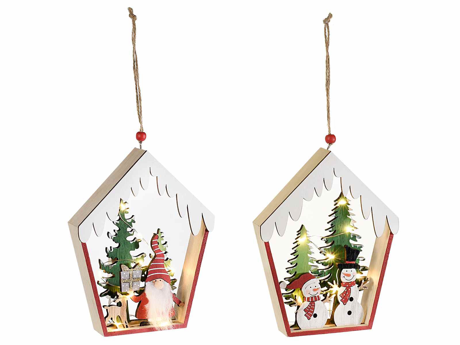 Casetta da appendere in legno con personaggi natalizi e luci